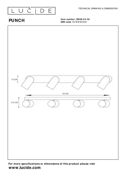 Lucide PUNCH - Plafondspot - 4xGU10 - Zwart - technisch